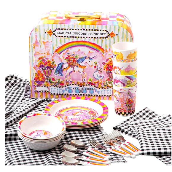 MACKENZIE-CHILDS Magical Unicorn 21-Piece Summer Picnic Set Pop of Color NEW - Picture 1 of 4